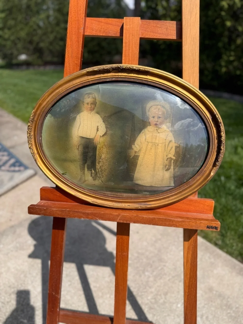 Antique Convex Bubble Glass Double Child Portrait Oval Frame Noel 1923